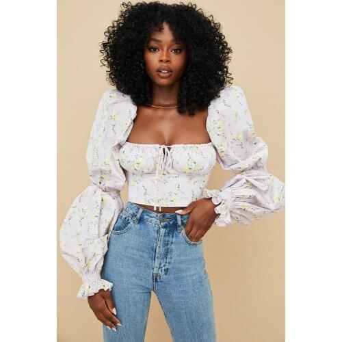 2021 Femme Fashion Crop Top Square Collar Short Blouses Long Sleeve Cotton Shirts Floral Printing Boho T Shirts Autumn Chic Tees