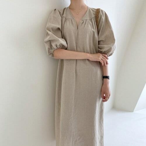 Johnature New Solid Color V-neck Women Dress 2021 Summer Korean Puff Sleeve Loose Simple Casual Female Dresses 2 Colors