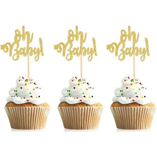 10Pcs Gold Oh Baby Cupcake Topper Boy Girl Baby Shower Gender Reveal Kids 1st Birthday Party Decoration Cake Decorating Supplies