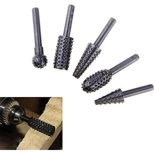 5pcs 6mm Shank Carbon Steel Rotary File Burr Set Wood Carving Rasp Drill Bits Tool