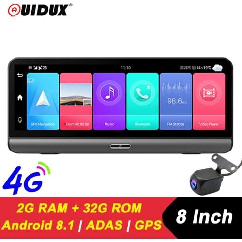 QUIDUX 8" IPS 4G Android Car DVR Dash Camera GPS Navigation ADAS Full HD 1080P auto video Registrar Recorder with reverse camera