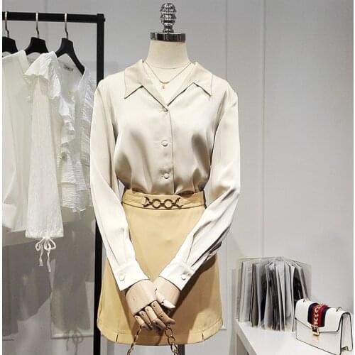 Womens Spring Autumn Runway Fashion Long Sleeve Champagne Satin Basic Shirt Female Casual Loose OL Blouse Tees Tops TB1656