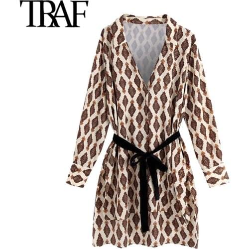 TRAF Women Fashion With Velvet Belt Printed Oversized Blouses Vintage Long Sleeve Side Vents Female Shirts Chic Tops