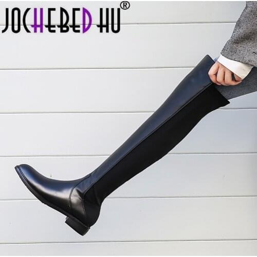 【JOCHEBED HU】2021 Cow leather Square Heel Women Winter Boots Thigh High Boots Black High Over the Knee Full Real Suede Leather