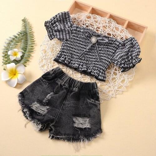 Baby Girls Clothes Sets Short Sleeve Off Shoulder Plaid T-Shirts Tops Denim Shorts 2pcs For 2-9Y Summer Toddler Fashion Clothes