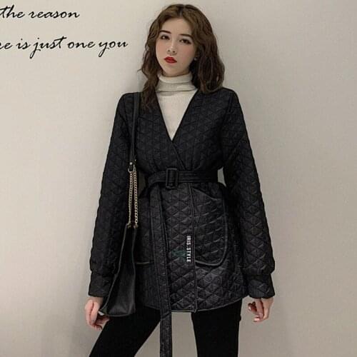 New Winter Simple V-neck Short Jacket Thicken Loose Cotton-padded Pocket Long Sleeve Belted Coat Fashion Casual Womens Overcoat