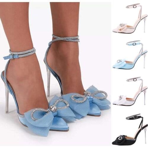 Summer Women High Heels Slingbacks Pumps Bowknot Rhinestone Pointed Toe Ladies Party Shoes Ankle Strap Stiletto Wedding Sandals