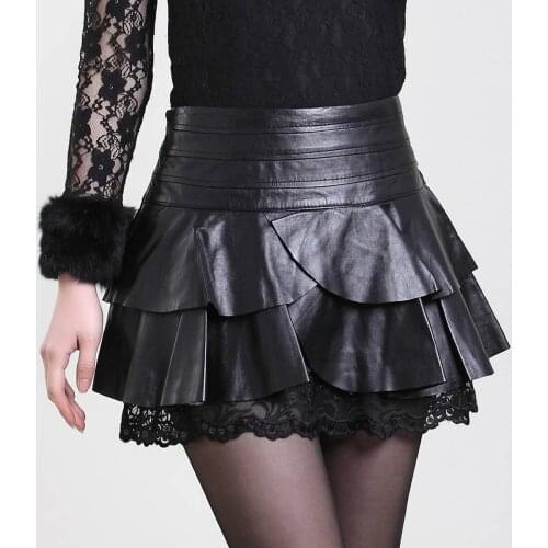 Idopy Womens Cute Faux Leather Skirt Double Layer PU A-Line High Waist Mini Skirts For Lady