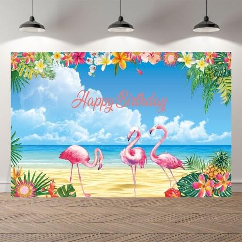 SeekPro Happy Birthday Party Banner Baby Shower Flamingo Summer Beach Studio Photo Bacdrop Photography Backgrounds Wall Paper
