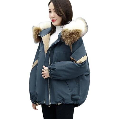 2021 New Winter Warm Down Cotton Jacket Korean Womens Loose Plus Size Cotton Jacket Casual Hooded Fur Collar Parka Overcoat 3XL