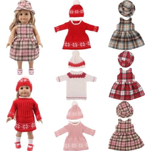 Doll Clothes Wool Dress & Plaid Skirt With Hats For 18 Inch &New Born Baby Generation Birthday Girls Toy Gifts