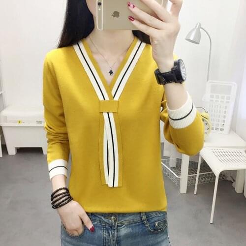 Autumn Spring Style Women Knitted Pullover Tops Lady Casual V-Neck Knitted Pullover Sweater ZZ0959