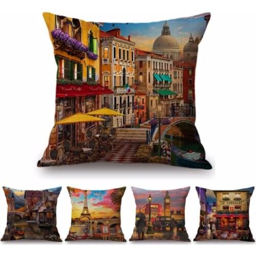 Paris Venice London Scenery Home Decor Sofa Cushion Cover France Italy UK Europe Landscase Salon Hotel Cotton Linen Pillow Case
