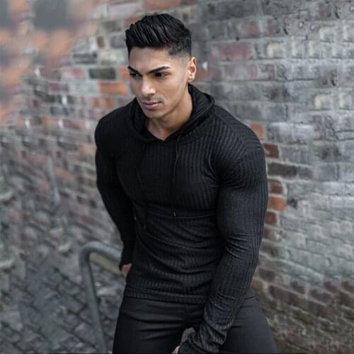 Running Hooded Long Sleeve T Shirt Men Fitness Slim Fit Sports Strips T-shirt Fashion Tees Tops Summer Knitted Gym Clothing