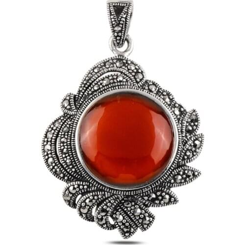 Silver 925 Sterling Red Agate & Marcasite Pendant