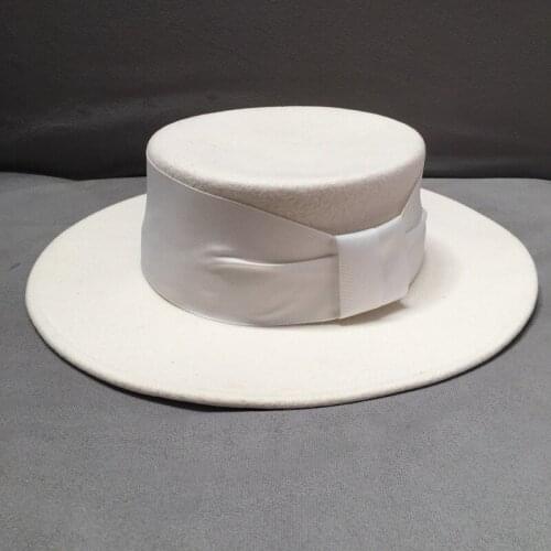 Snow White Bone Hat 100% Wool Warm Hat Ribbon Trim Winter Wide Brimmed Women Hat Flat Crown Fedora Party Wedding Church Hat