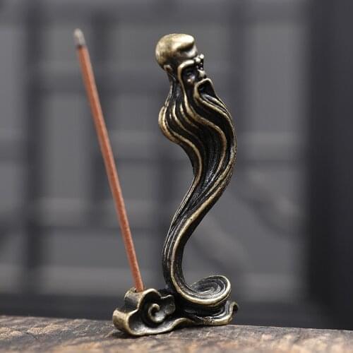 T Retro Copper Stick Incense Burner Zen Buddhism Small Laozi Ornament Sculpture Incense Holder Home Desk Decoration Tea Pet