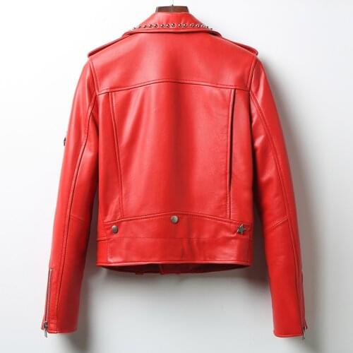 Genuine Leather Real Womens Sheepskin Coat Short Red Biker Motorcycle Jacket Spring Autumn Coats LL00097 KJ4917