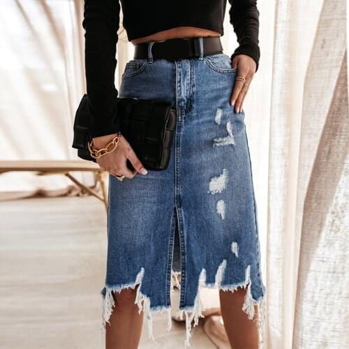 Hole Wash Cowboy Skirt For Women Vintage Split High Waist Pockets Female Midi Skirts 2021 Summer Autumn Fashion Streetwear
