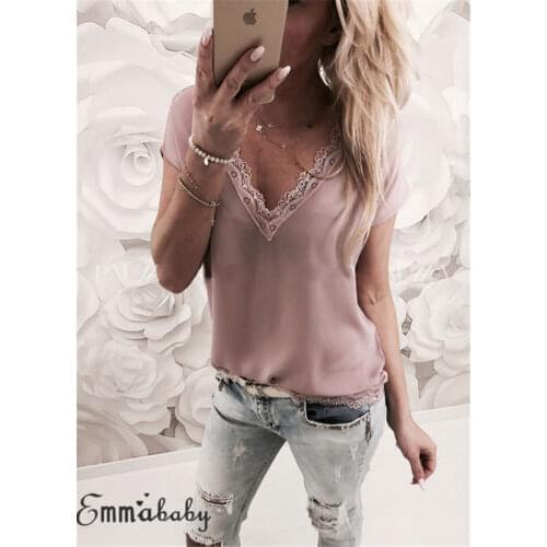 2019 Sexy Tops Women Short Sleeve Loose T Shirt Summer Ladies Casual V-neck Tees Top Pure Color Lace Patchwork T-Shirt