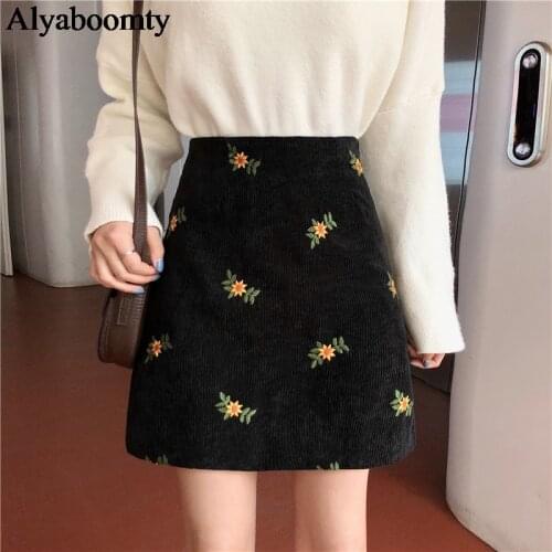 2021 Korean Chic Spring Autumn Women Mini Black Skirt High Waist Vintage Floral Embroidery Jupe Femme Elegant Corduroy Skirts