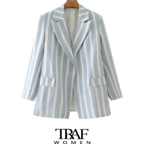TRAF Za Women Fashion Office Wear Striped Blazer Coat Vintage Long Sleeve Flap Pockets Female Outerwear Chic Veste