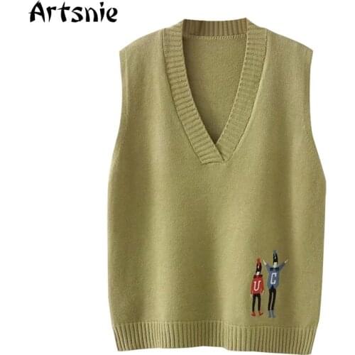 Artsnie cartoon embroidery sweater vest women autumn v neck sleeveless pull femme vintage casual green sweaters jumper female