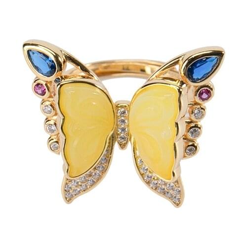 S925 sterling silver gold-plated natural amber beeswax ring temperament entry Lux personality butterfly Womens Open ring