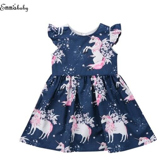 2018 Summer Unicorn Baby Dress Ruffles Sleeve Floral Cartoon Print Princess Girls Tutu Pageant Party Dresses Vestido Sundress