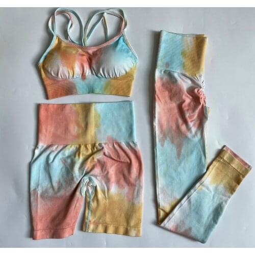 3PCS Tie Dye Women Workout Sets Gym Fitness Clothing Sportswear Outfits High Waist Athletic Yoga Leggings Sports Bra TrackSuits