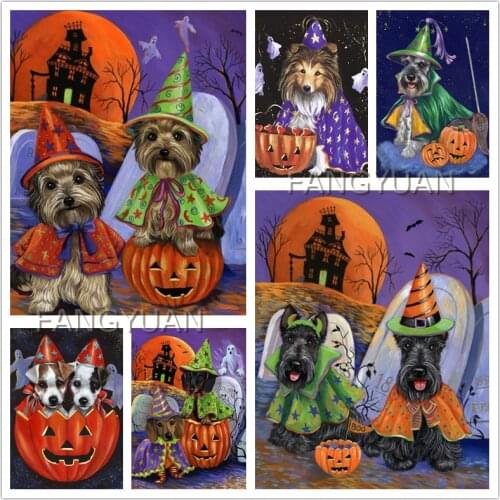 Halloween Diamond Painting Dog Pumpkin Diamond Embroidery Full Square Round Drill Mosaic Rhinestone Handmade Wall Art Pictues