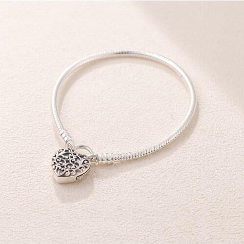 Authentic 925 Sterling Silver Pan Bracelet New Smooth Silver Lock Kings Heart Clasp Bracelet Fit Charm Women Jewelry