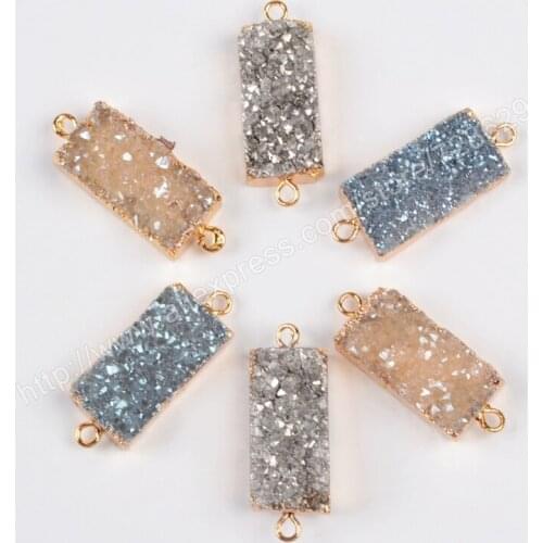BOROSA 10Pcs/lot New Arrival Gold Color Rectangle Natural Crystal Titanium Druzy Connector double bails G0841
