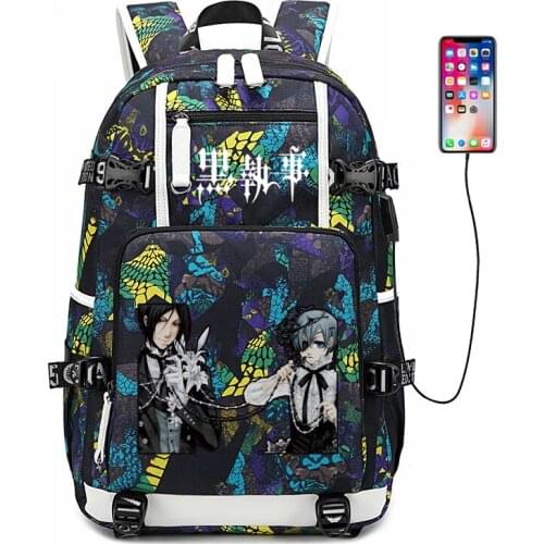 Black Bulter Kuroshitsuji Backpack USB Port Rucksack Bag Snake Pattern Teenager Student School Bags travel Shoulder Laptop Bag