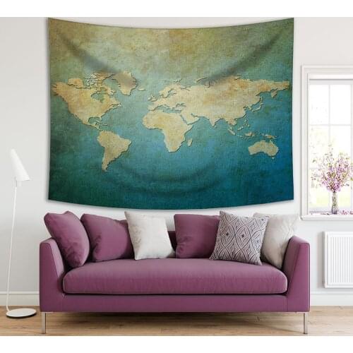 Tapestry World Map on Grunge Background Geography Territories Antique Rustic Aged Look Artwork Printed Blue Beige