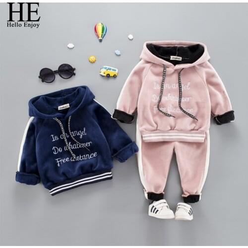 HE Hello Enjoy Baby Girl Boy Warm Clothing Set For Toddler Kids Letter Hooded Velvet Autumn Winter Children Outfit 1 2 3 4 5 Y