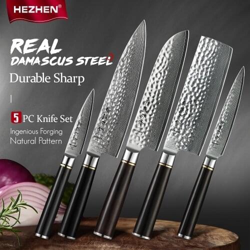 HEZHEN Classic Series 5PC Kitchen Knife Set Chef Santoku Nakiri Utility Paring Peeling Damascus Super Steel Cook Knives