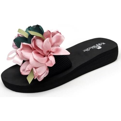Summer Wear High-Heeled Fashion Non-Slip Flowers Ethnic Style Soft And Bright Slope Heel Thick-Soled Womens Shoes Beach Sandals
