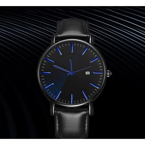 Mens Mineral Tempered Waterproof Plastic Stainless Steel Quartz Watch Round Dial Wrist Watches with Leather Belt LXH