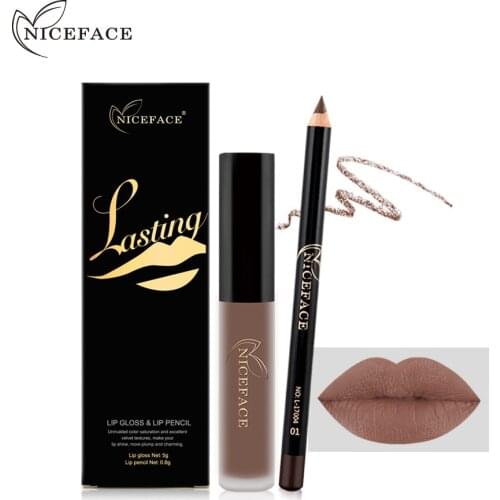 NICEFACE Lipstick Sets Long Lasting Matte Liquid Lipstick+Velvet Lips Pencil Makeup Waterproof Matt Batom Nude Liquid Lip Gloss