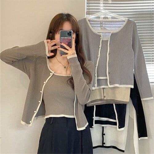 Spring Korean 2021 new Gentle Short Outer Wear Knitted Long Sleeve Cardigan Womens All-Match Slimming Vest Sling Fashion ZY5938