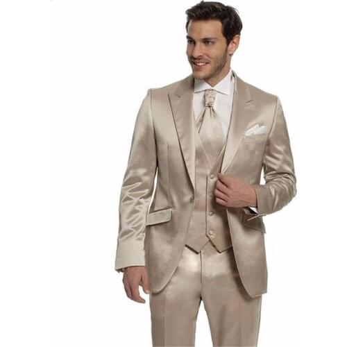 New Notch Lapel One Button Satin Men Suits Groom Tuxedo Gold Wool 2021 Business Dinner Clothing 3 Pcs (Jacket+Pants+Vest)