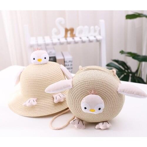 Girls Sunshade Fishermans Hat Hummer Seaside Breathable Childrens Super Cute Penguin Straw Hat Bag Girls Beach Sunscreen Hat