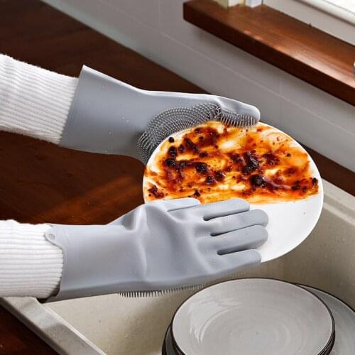 Silicone dishwashing gloves household cleaning artifact household cleaning latex gloves with brush pet brush gloves