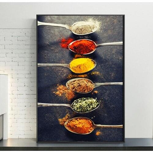 Spices in Spoons for Cooking Canvas Art Posters And Prints Kitchen Theme Canvas Paintings On the Wall Art Pictures Kitchen Decor