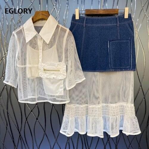 High Quality Skirt Sets 2021 Spring Summer 2 Piece Set Women Sexy Tulle Mesh Tops Shirt+Blue Denim Patchwork Mesh Skirt Suits