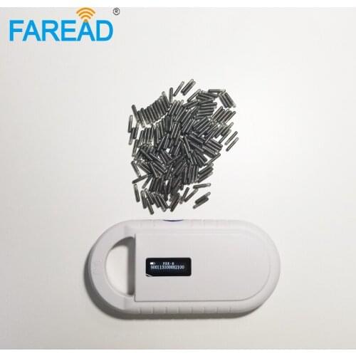X100pcs ICAR certificated 2.12*12mm 134.2Khz FDX-B transponder microchip+x1pc 134.2khz RFID USB portable handheld reader