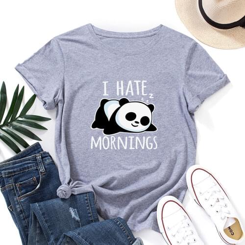 I Hate Mornings Early Wake Up Panda Shirt for Women Cute Panda Bear T-Shirt Animal Graphic Tee Summer Cotton Short Sleeve Tops