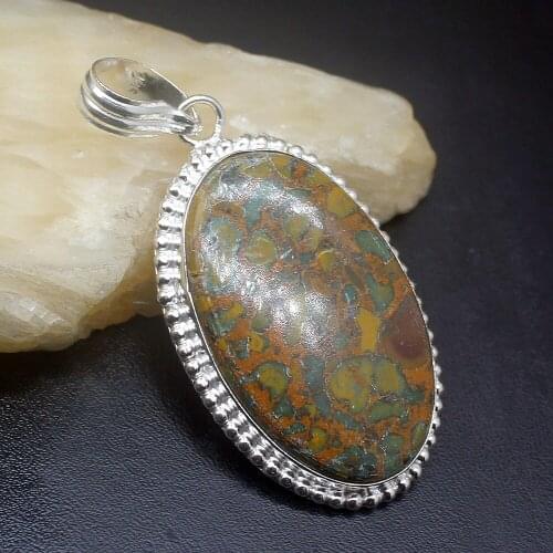 Gemstonefactory Jewelry Big Promotion 925 Silver Solitaire Oval Shape Ocean Jasper Women Jewelry Gifts Necklace Pendant 0267