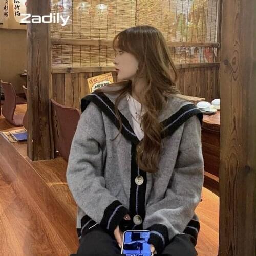 Zadily 2021 Autumn Preppy Style Full Sleeve Sailor Collar Knit Womens Sweater Winter Y2K Button Up Loose Cardigan Coat Clothing